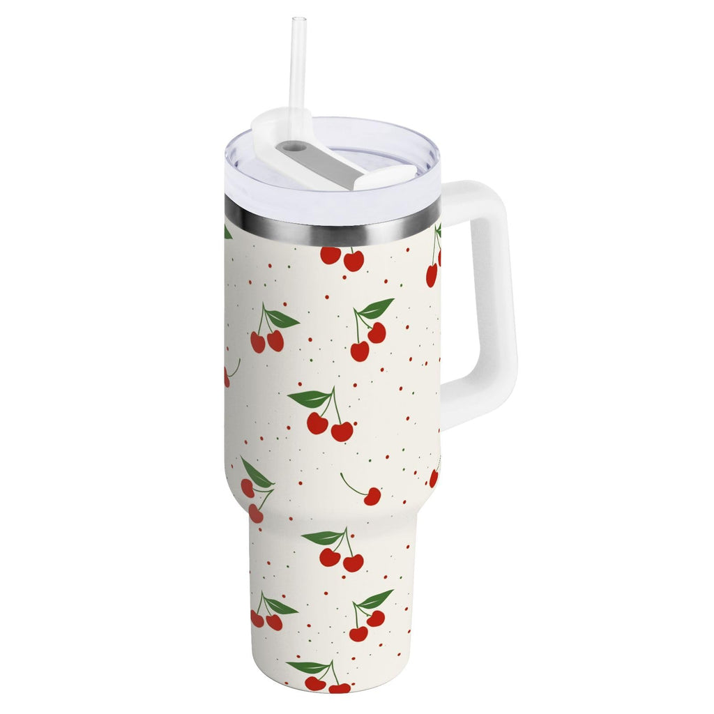 Cherry Print Pattern Stainless Steel Tumbler with Handle and Straw, Water Bottle Reusable Insulated Travel Mug, 30 Ounces