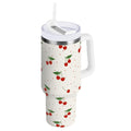 Cherry Print Pattern Stainless Steel Tumbler with Handle and Straw, Water Bottle Reusable Insulated Travel Mug, 30 Ounces