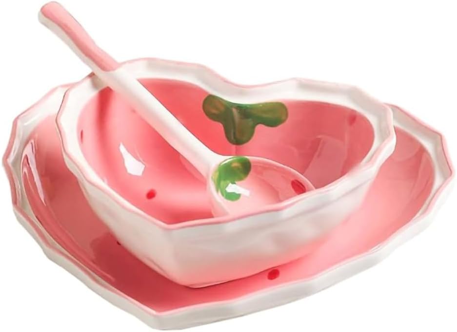 WAIT FLY Heart Shape Ceramic Dinnerware Set, Cute Strawberry Tableware Set, Dessert Plate, Salad Bowl, Appetizer Snack Mixing Bowl with Spoon - Pink Set