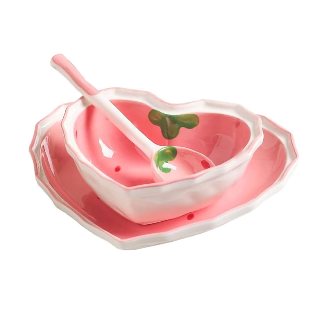 WAIT FLY Heart Shape Ceramic Dinnerware Set, Cute Strawberry Tableware Set, Dessert Plate, Salad Bowl, Appetizer Snack Mixing Bowl with Spoon - Pink Set