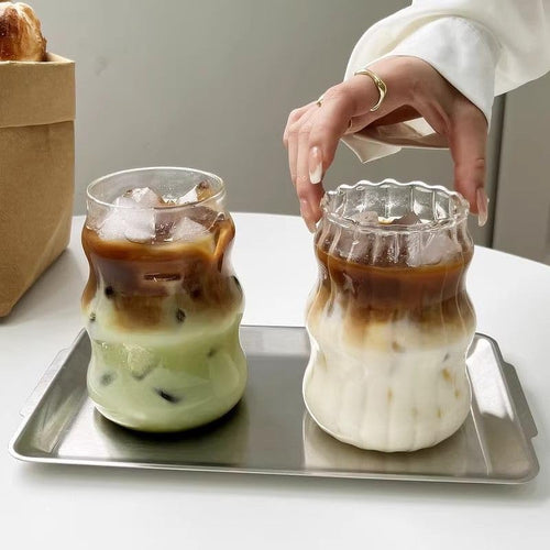 1pcs Vertical Stripe Drinking Glasses CupsGlass Tumbler, Ripple Glassware Coffee Cup, Cute Glass Tumbler for Iced Coffee Juice Drink Milk (yun)