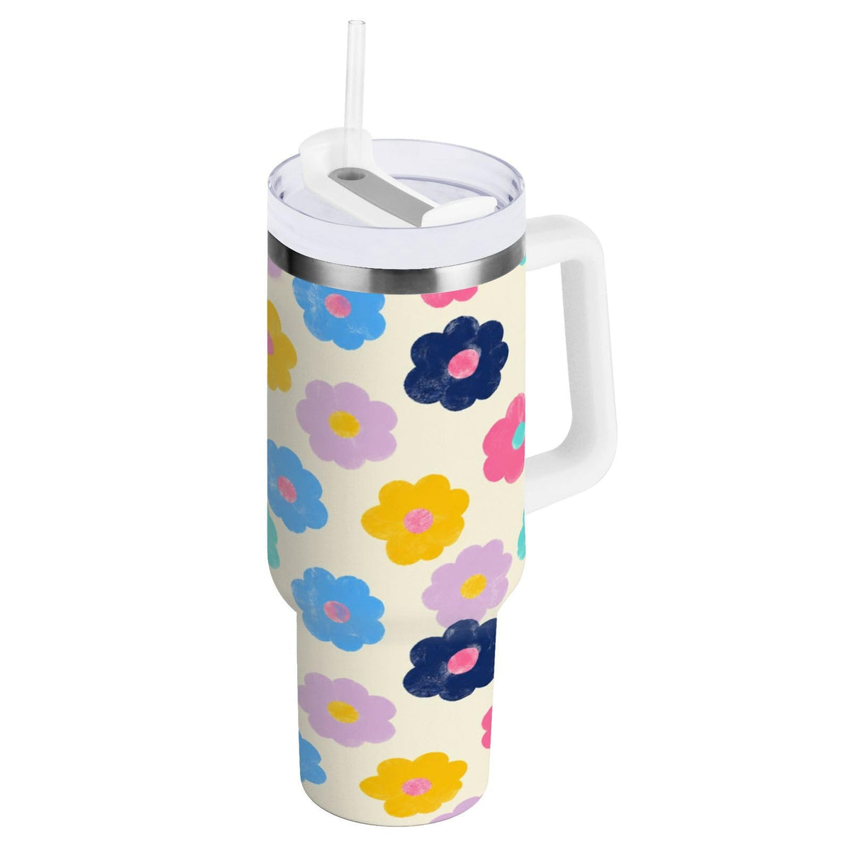 Cherry Print Pattern Stainless Steel Tumbler with Handle and Straw, Water Bottle Reusable Insulated Travel Mug, 30 Ounces