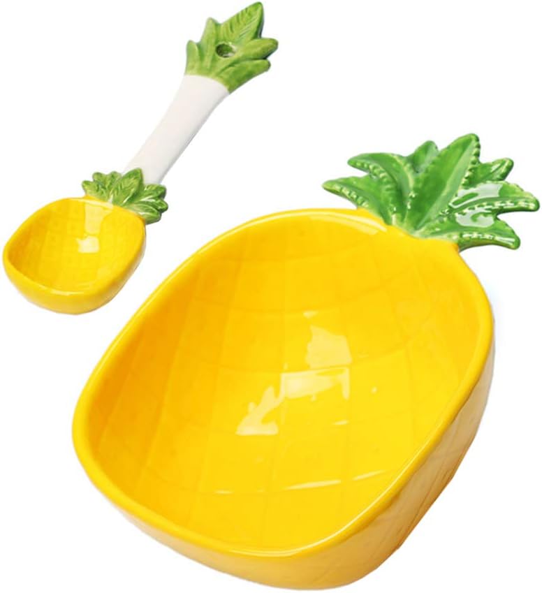 Cabilock Pineapple Design Salad Bowl with Spoon Ceramic Kids Rice Bowl Food Serving for Dining Room Kindergarten Picnic 6.69 X 4.33 X 2.36 in