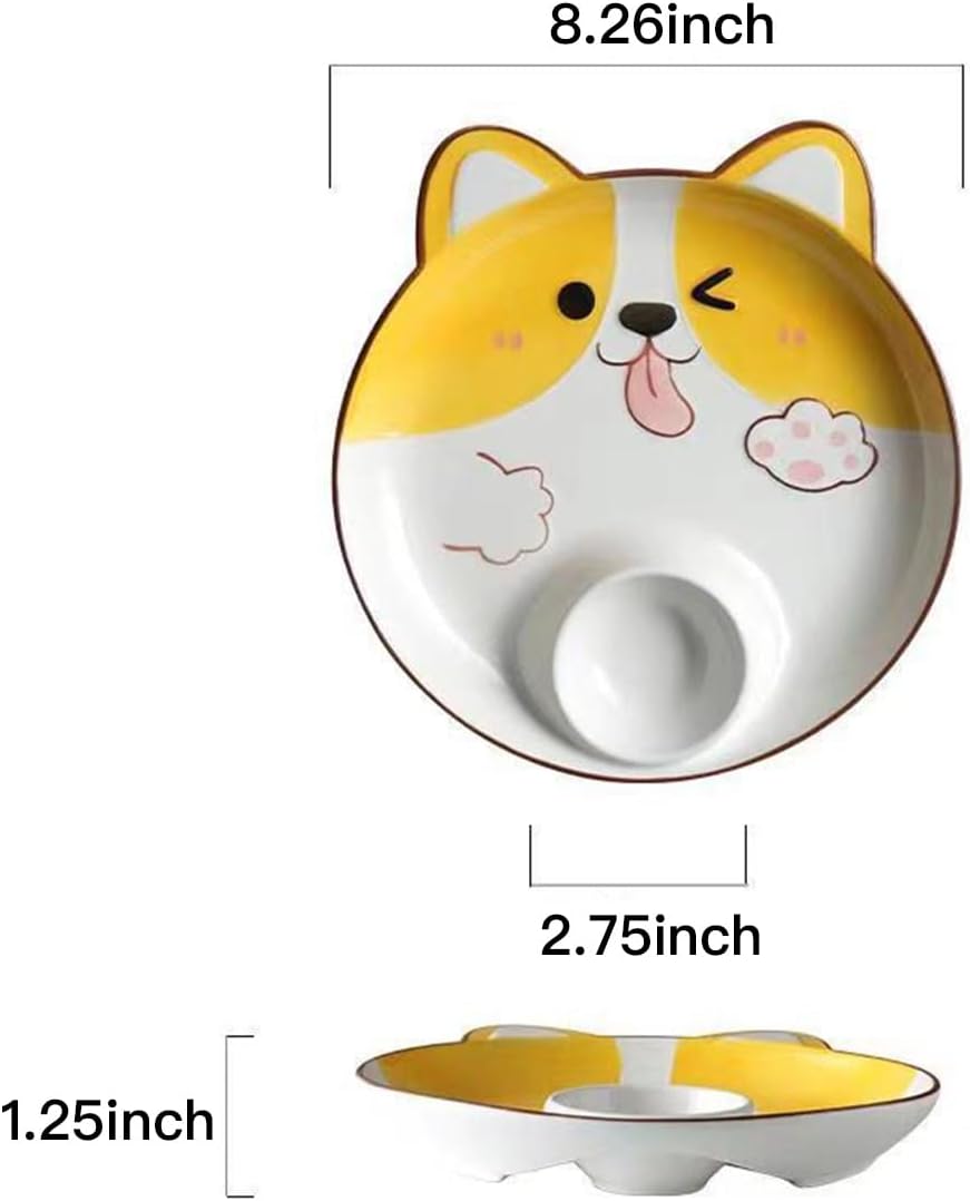 FACELESS Children's cartoon animal ceramic dining plate, Cartoon Divided Dinner Tray with Dip Section, Microwave Safe, 8 Inch，Set of 1(Corgi)