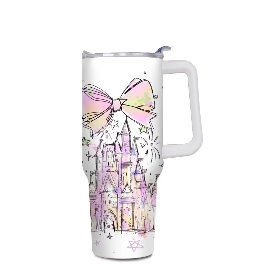 Cartoon Castle Tumbler 40 oz, Firework Tumblers with Lids and Straws, Insulated Cup Stainless Steel Travel Mug, Birthday Christmas Gifts