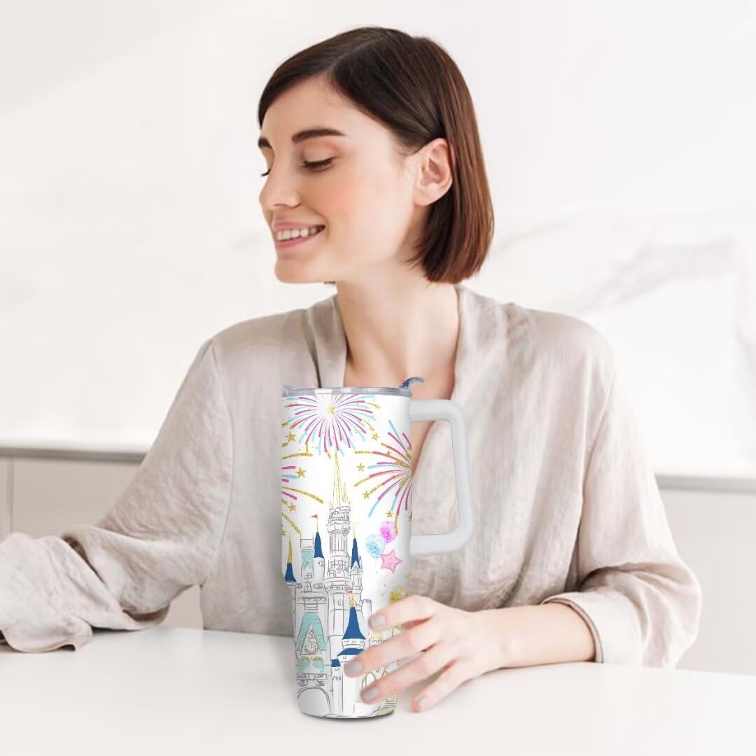 Cartoon Castle Tumbler 40 oz, Firework Tumblers with Lids and Straws, Insulated Cup Stainless Steel Travel Mug, Birthday Christmas Gifts