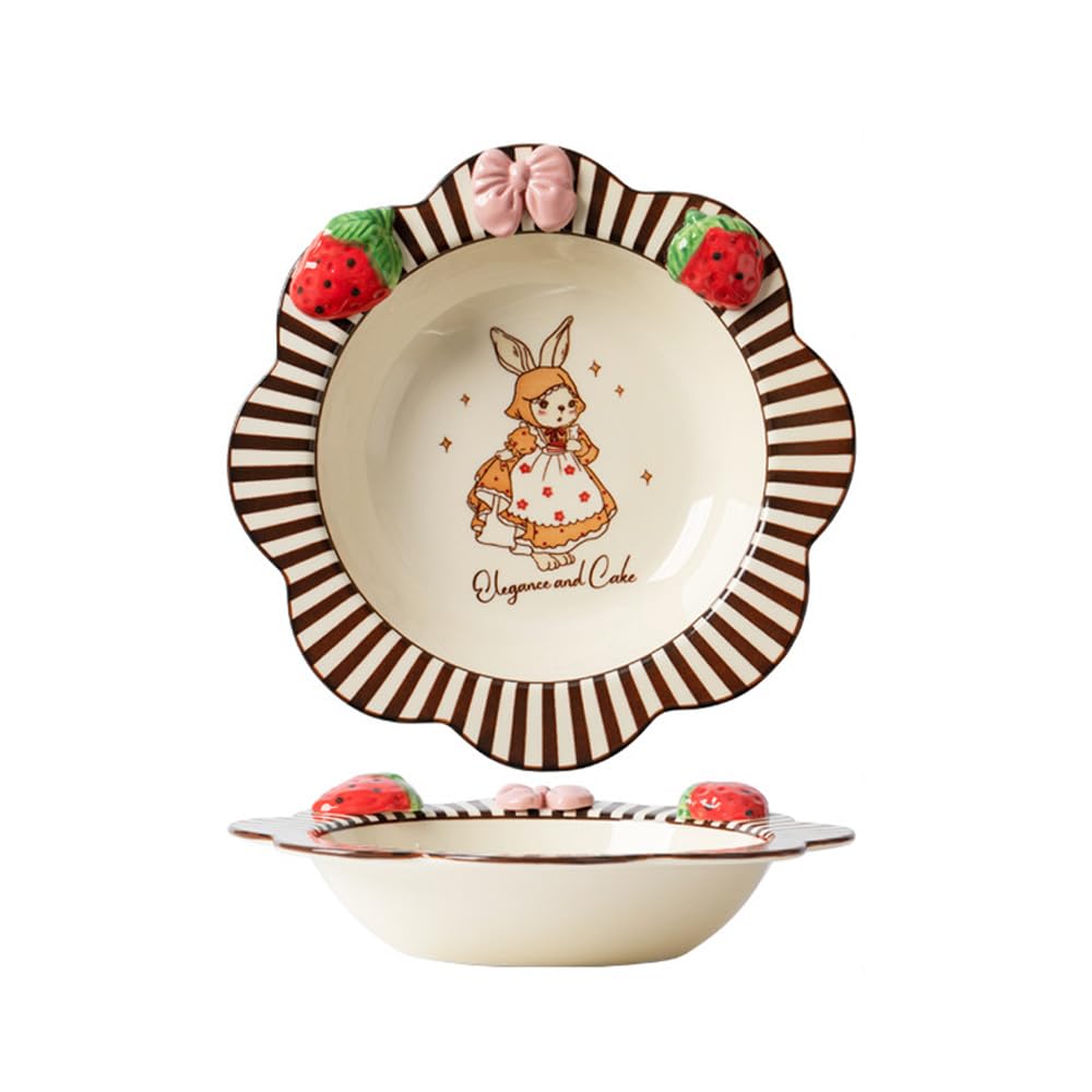 Ceramic Tableware Pasta Plate Bowl and Cup Combination Household Cartoon Cute Set Dinner Snack Breakfast Dessert Bird's Nest Salad Fruit Ice Cream Soup(8.5" Pan-Cake)