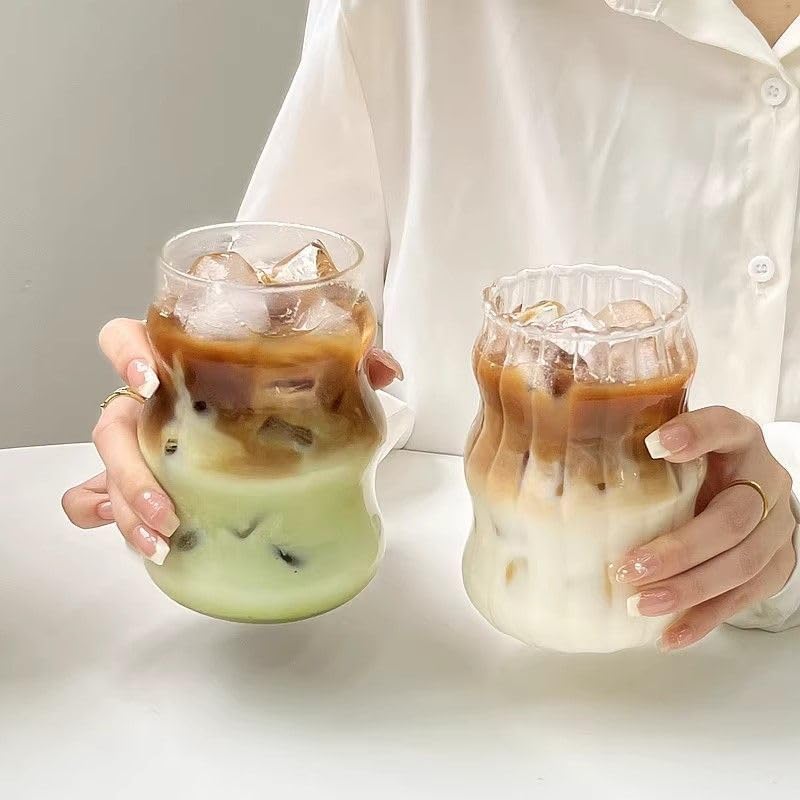 1pcs Vertical Stripe Drinking Glasses CupsGlass Tumbler, Ripple Glassware Coffee Cup, Cute Glass Tumbler for Iced Coffee Juice Drink Milk (yun)