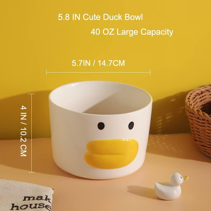 Funny Anime Duck Large Salad Bowl Safe Ceramic Hand Glazed For Big Soup Bowls, Fruit, Ramen 40oz Porcelain Noodle Mixing Bowl 5.8" Cute Bowls,Ideal Housewarming Gift.