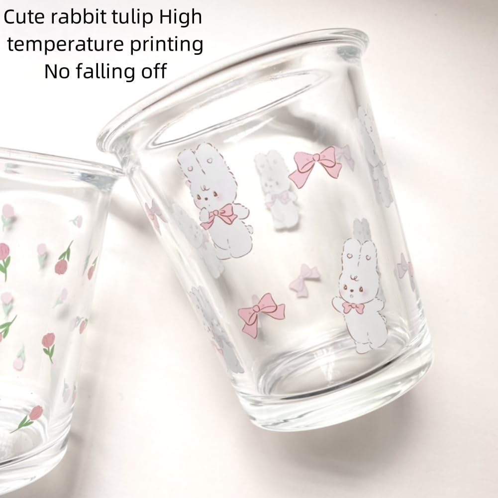2 Pack 12 OZ Cute Floral Glass Cup Rabbit Drinking Glasses