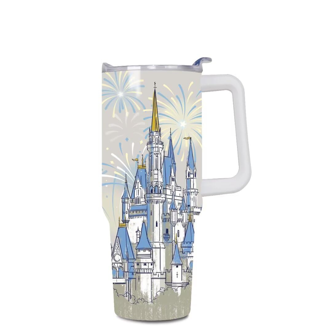 Cartoon Castle Tumbler 40 oz, Firework Tumblers with Lids and Straws, Insulated Cup Stainless Steel Travel Mug, Birthday Christmas Gifts