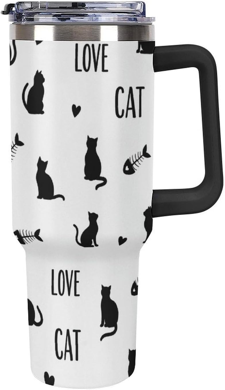 Black Cat Yellow Eyes Tumbler with Lid And Straw 40oz Cartoon Halloween Stainless Steel Cup Insulated, Large Capacity Car Cup, Leakproof Travel Tumbler Coffee Mug with Handle