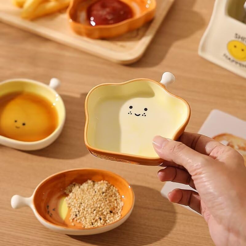 Ceramic Toast-Shaped Mini Dip Plate - Cute Appetizer Dish for Sushi, Dips, Condiments & Party Snacks - Oven & Dishwasher Safe (3.7" L x 3.5" W)