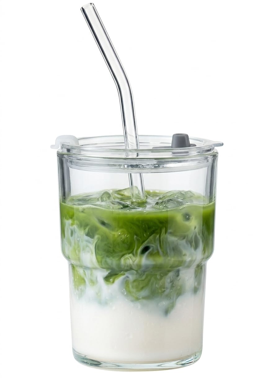 Olvini 13oz Glass Tumbler with Straw and Lid, Reusable Iced Coffee Cup Tumbler, Cute Glass Cups for Water, Matcha, Travel Coffee Mugs (Bon Appétit)