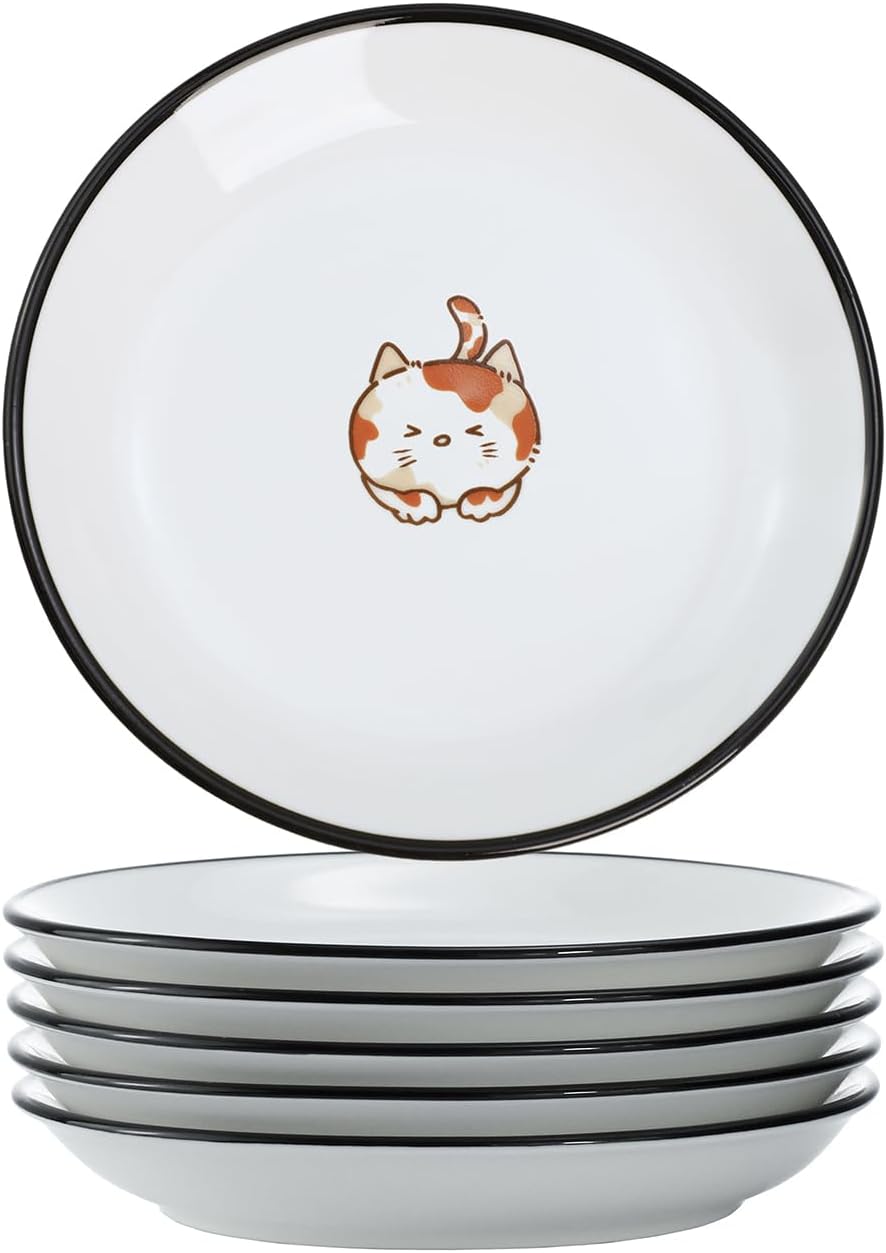 SOCOSY Super Cute Cartoon Animals Ceramic Sauce Dishes/Seasoning Dishes/Sushi Soy Dipping Bowls/Appetizer Plates/Dessert Plates/Little Cat Dog Feeding Bowls/Serving Dishes, 6 PCS-Cat Body-5 Inch