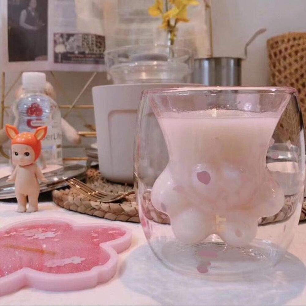 WubbaLubba Coffee Mug Sakura Double Wall Glass Cup Cat Claw Cup Heat-resistant Handmade Creative Milk Mug Tea Whiskey Cup