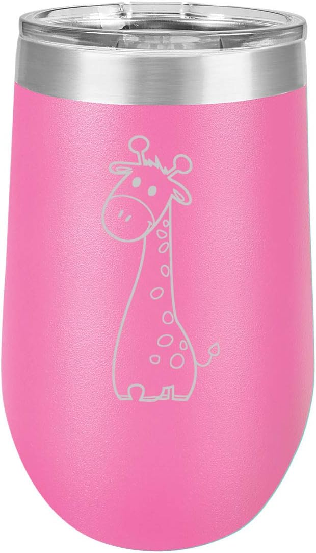 16 oz Double Wall Vacuum Insulated Stainless Steel Stemless Wine Tumbler Glass Coffee Travel Mug With Lid Cute Giraffe Cartoon (Purple)