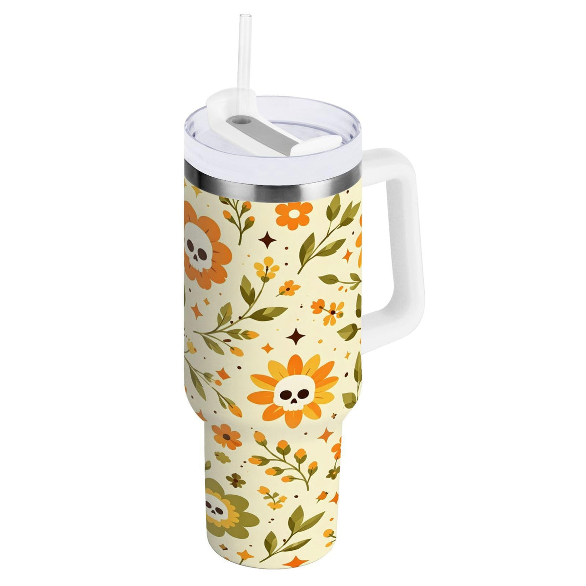 Cherry Print Pattern Stainless Steel Tumbler with Handle and Straw, Water Bottle Reusable Insulated Travel Mug, 30 Ounces