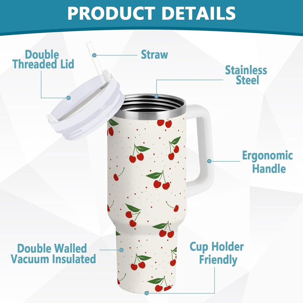 Cherry Print Pattern Stainless Steel Tumbler with Handle and Straw, Water Bottle Reusable Insulated Travel Mug, 30 Ounces
