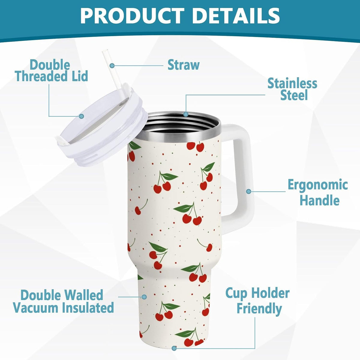 Cherry Print Pattern Stainless Steel Tumbler with Handle and Straw, Water Bottle Reusable Insulated Travel Mug, 30 Ounces