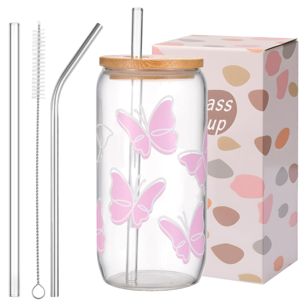 ANABIUP Coquette Cute Pink Bow Glass Cups with Lids and Straws, Aesthetic Iced Coffee Cup, Girly Preppy Design Tumbler Mug for Teen Girls Women Girlfriends Gifts