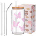ANABIUP Coquette Cute Pink Bow Glass Cups with Lids and Straws, Aesthetic Iced Coffee Cup, Girly Preppy Design Tumbler Mug for Teen Girls Women Girlfriends Gifts