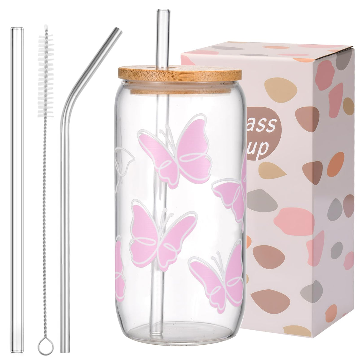 ANABIUP Coquette Cute Pink Bow Glass Cups with Lids and Straws, Aesthetic Iced Coffee Cup, Girly Preppy Design Tumbler Mug for Teen Girls Women Girlfriends Gifts