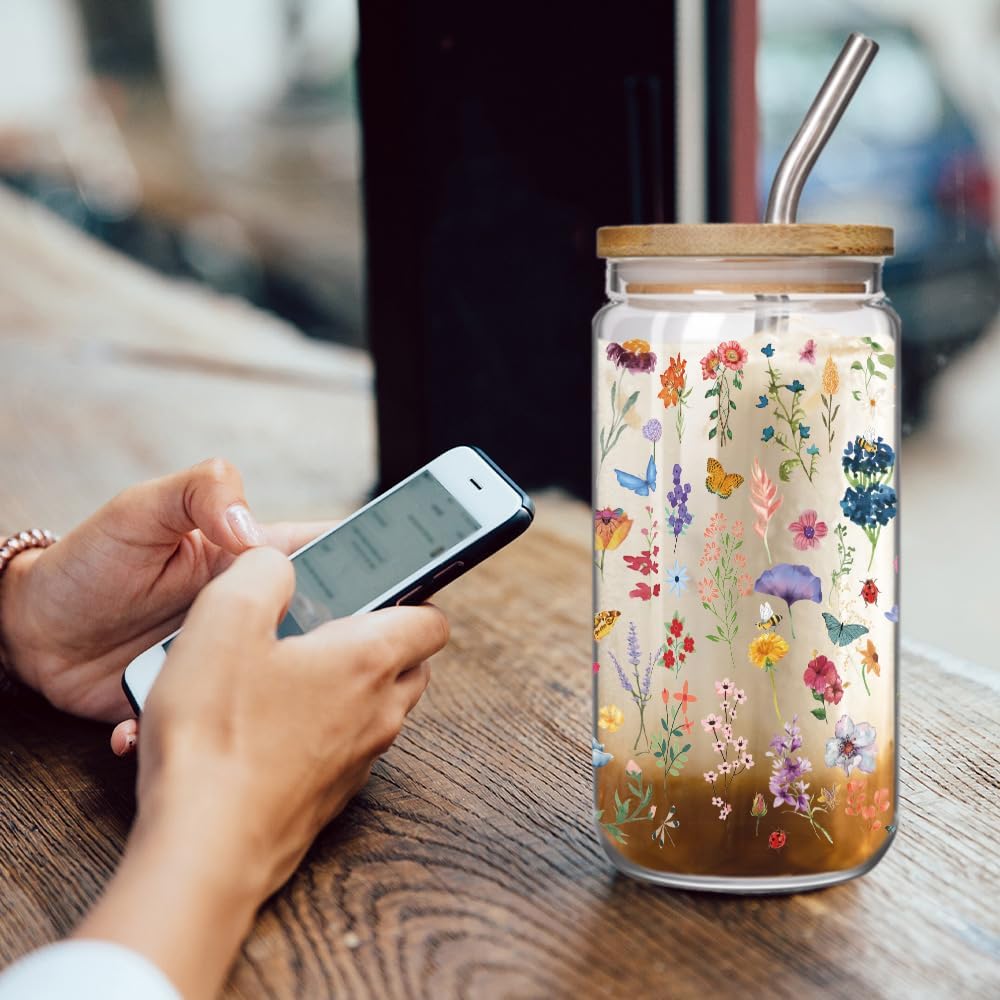 Aesthetic Floral 16oz Glass Cups with Bamboo Lids and Straws Wildflower Gift for Women, Cute Flower Drinking Glass with Cleaning Brushes, Christmas Flower Gifts for Mother Birthday Bridesmaid Party