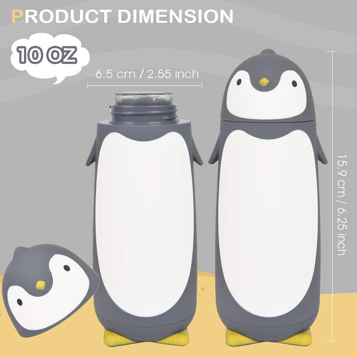 Penguin Glass Water Tumbler- Cute Water Bottle Double Walled Cup Flask Travel Mug for Kids, Students, 9.6oz, Grey