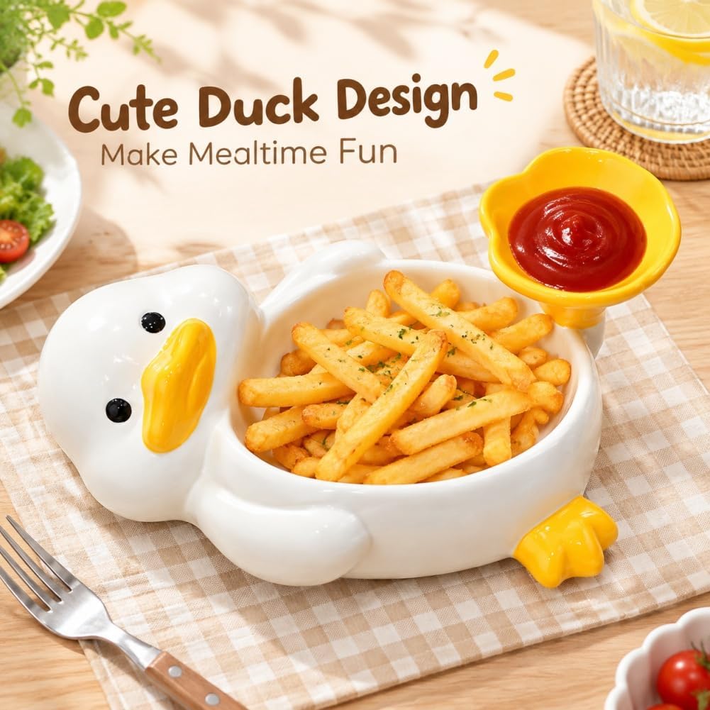 SEAHOME Cute Ceramic Duck Bowl with Dipping Sauce Holder Goose Decor