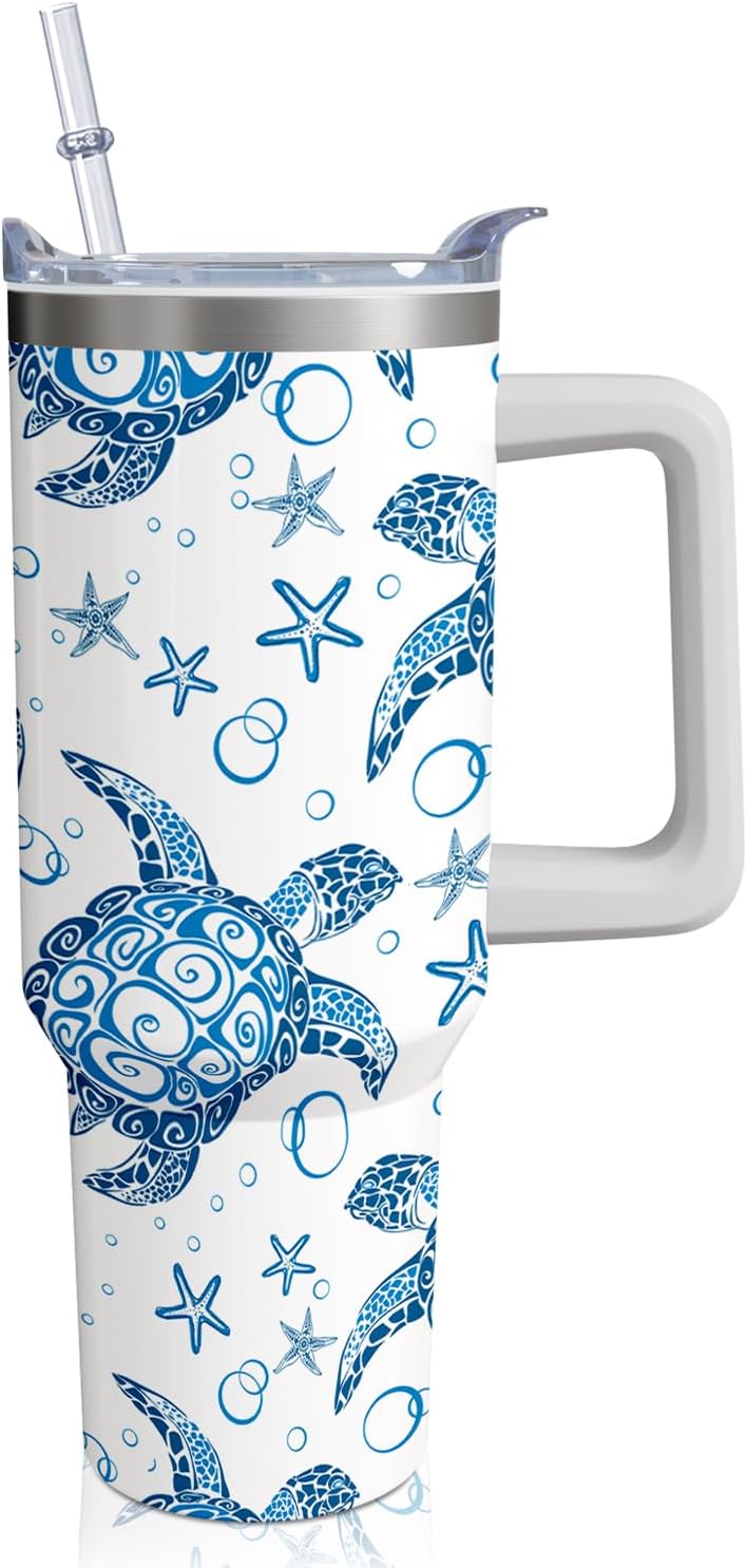 40OZ Sea Turtle Tumbler with Handle and Straw - Hot & Cold Insulated Stainless Steel Double Wall Coffee Mug - Sea Turtle Gift