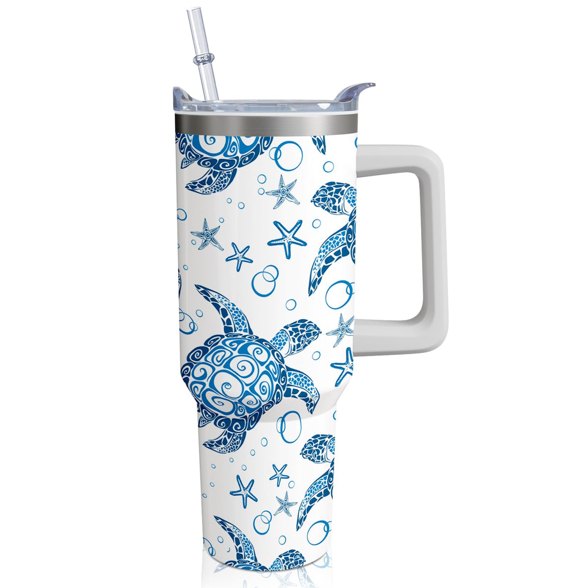 40OZ Sea Turtle Tumbler with Handle and Straw - Hot & Cold Insulated Stainless Steel Double Wall Coffee Mug - Sea Turtle Gift