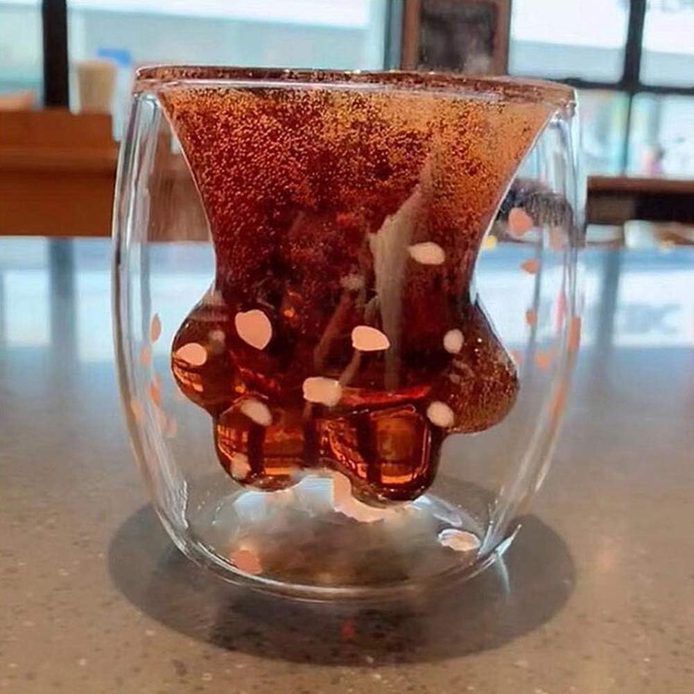 WubbaLubba Coffee Mug Sakura Double Wall Glass Cup Cat Claw Cup Heat-resistant Handmade Creative Milk Mug Tea Whiskey Cup