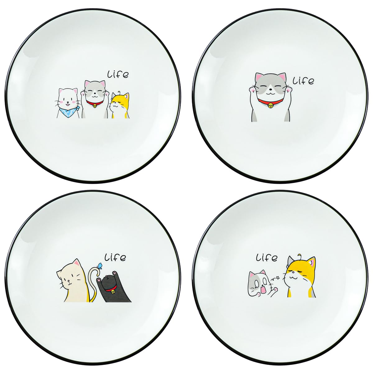 SOCOSY Cute Cartoon Gentleman and Dot Cat Ceramic Seasoning Dishes Sauce Dish Sushi Dipping Bowl Appetizer Plates Tea Bag Holder Serving Dish for Kitchen 5 Inch, Set of 4