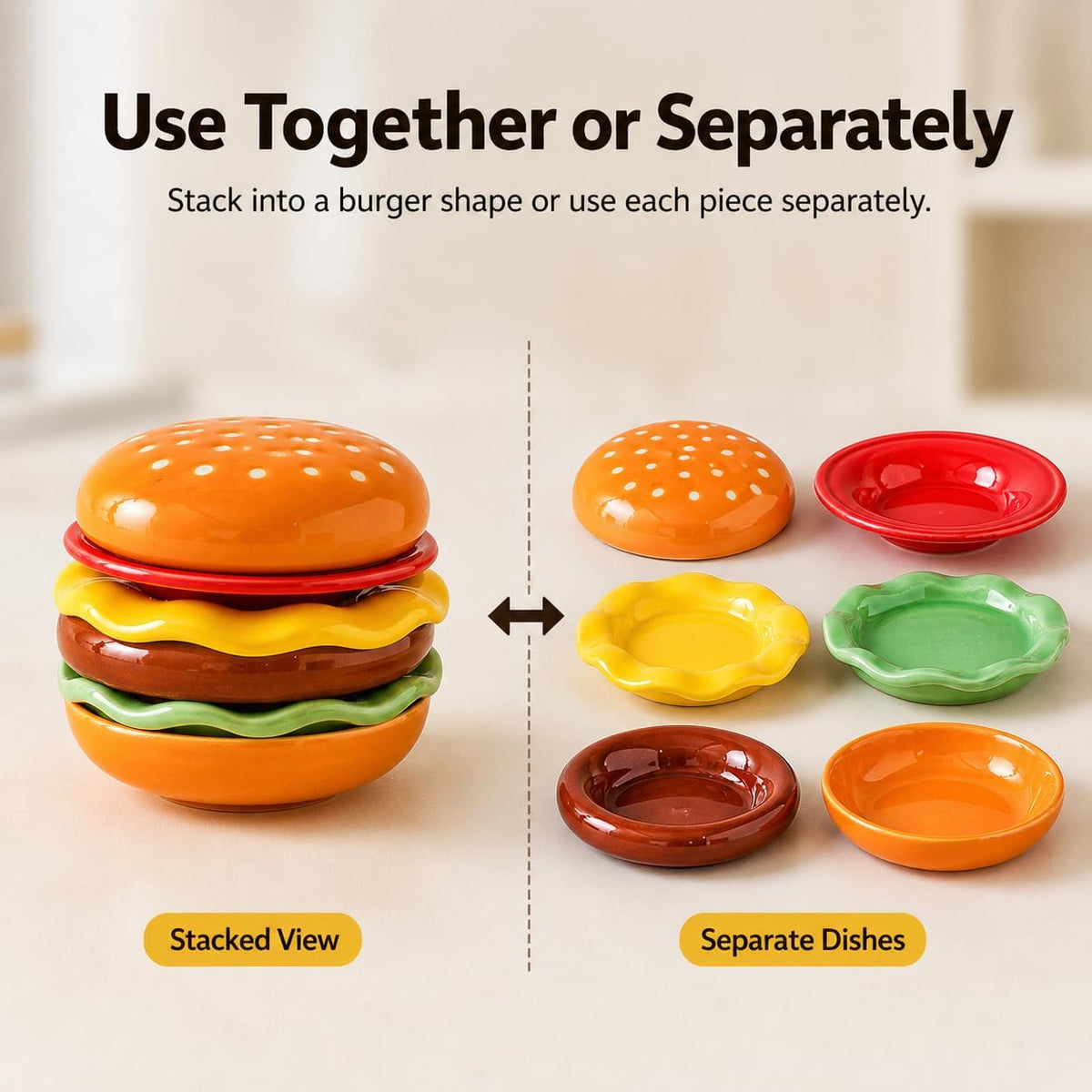 6-Piece Stackable Ceramic Burger Plate Set for Sauces & Dips