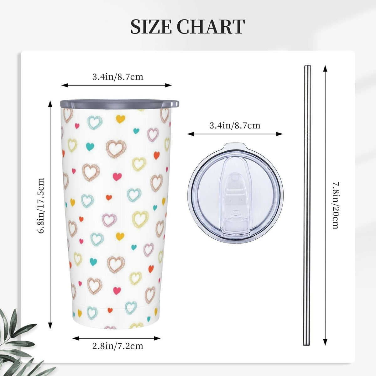 Heart 20oz Tumbler with Lid and Straw for Women, Abstract Cartoon Geometric Line Hearts Design Insulated Mug Colorful Hearts Stainless Steel Tumbler Double Wall Vacuum Travel Mug Coffee Cup