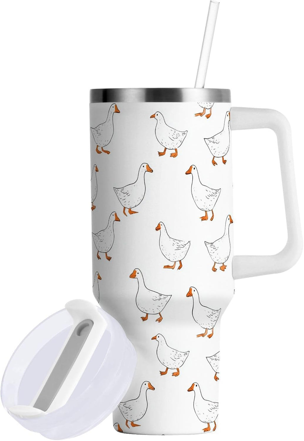 Cartoon Style White Geese Tumbler with Handle and Straw Leak Proof Tumbler 2 in 1 Lid Insulated Water Bottle Tumblers Stainless Steel Cup Large Travel Mug Cups, Gifts for Women Man, 30oz