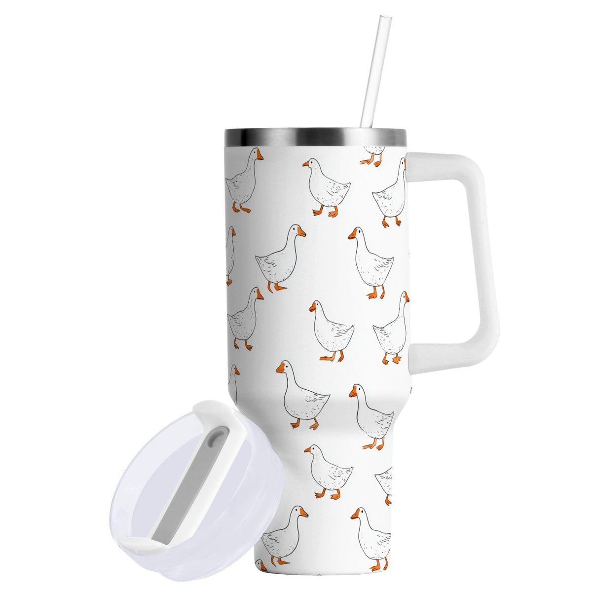 Cartoon Style White Geese Tumbler with Handle and Straw Leak Proof Tumbler 2 in 1 Lid Insulated Water Bottle Tumblers Stainless Steel Cup Large Travel Mug Cups, Gifts for Women Man, 30oz