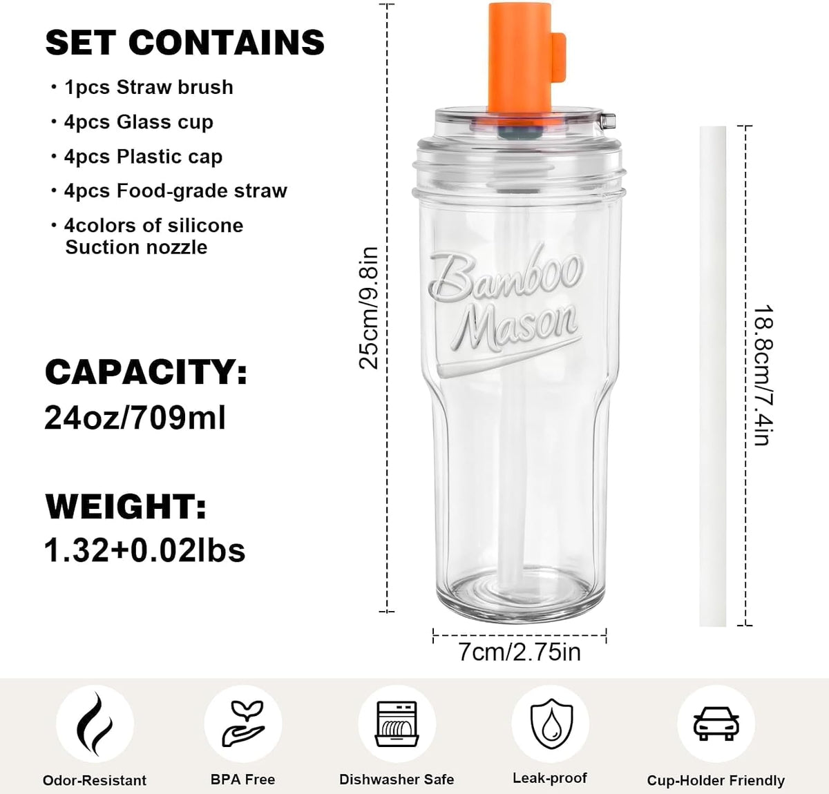 ANOTION Glass Cups With Lids And Straws, Leakproof Tumbler 24oz Mason Jar Cups, Cap Cup Leak-Proof, Self-Assembly Silicone Straw, Reusable Iced Coffee Smoothie Matcha Cup Aesthetic Coffee Gifts Women