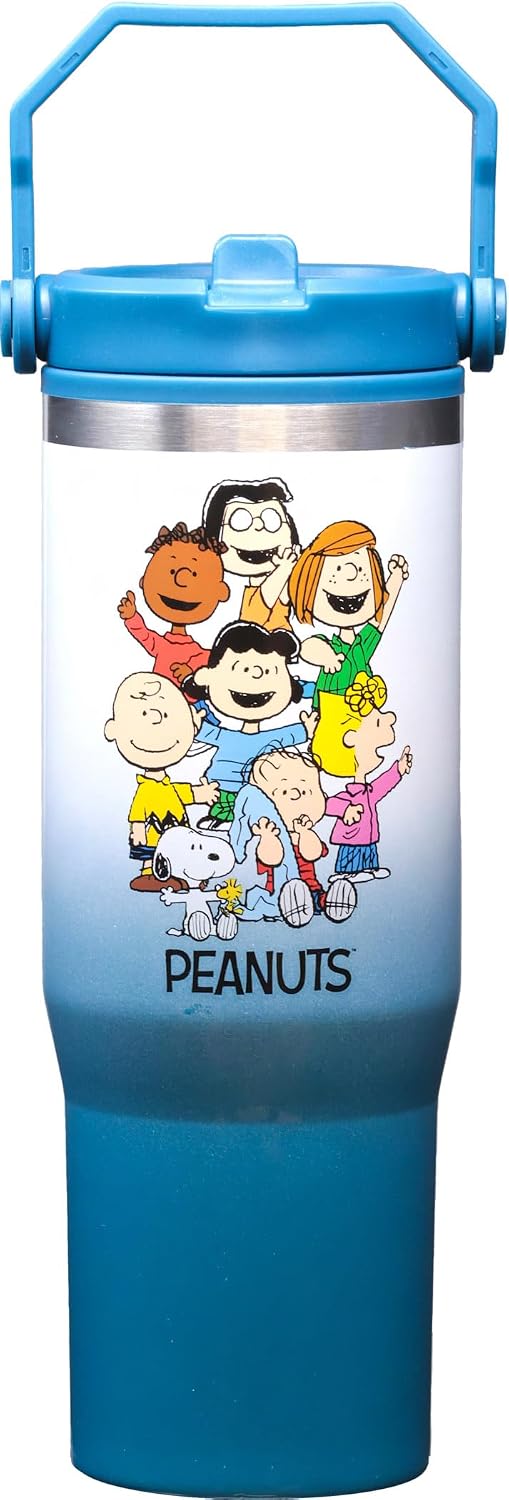 Spoontiques Peanuts 30oz Stainless Steel Water Bottle - 10" Tall, Twist Off Lid & Carrying Handle - Stainless Steel Outer Wall & Acrylic Inner Wall