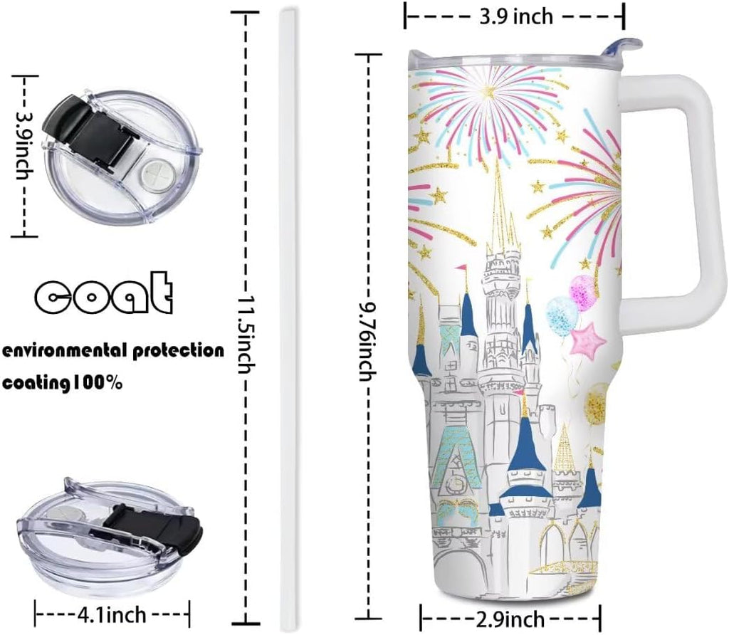 Cartoon Castle Tumbler 40 oz, Firework Tumblers with Lids and Straws, Insulated Cup Stainless Steel Travel Mug, Birthday Christmas Gifts