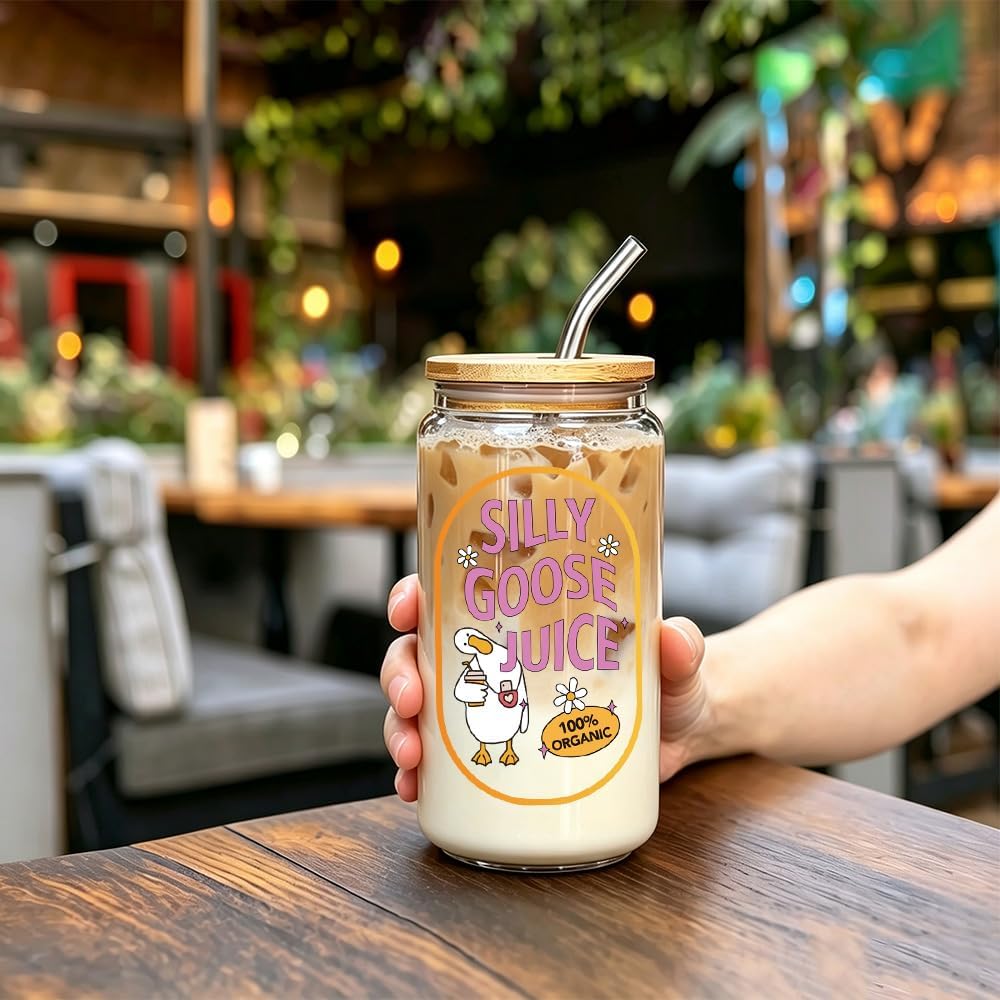 Silly Goose Juice 16oz Glass Cup with Lid and Straw, Funny Silly Goose Gift for Women, Iced Coffee Glass Tumbler for Coffee Lovers, Birthday Gift for Friends, Mom, Sister, Coworker