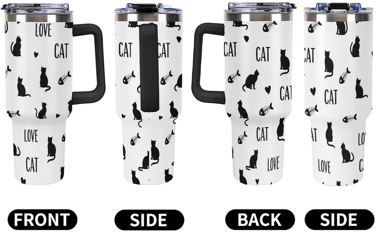 Black Cat Yellow Eyes Tumbler with Lid And Straw 40oz Cartoon Halloween Stainless Steel Cup Insulated, Large Capacity Car Cup, Leakproof Travel Tumbler Coffee Mug with Handle