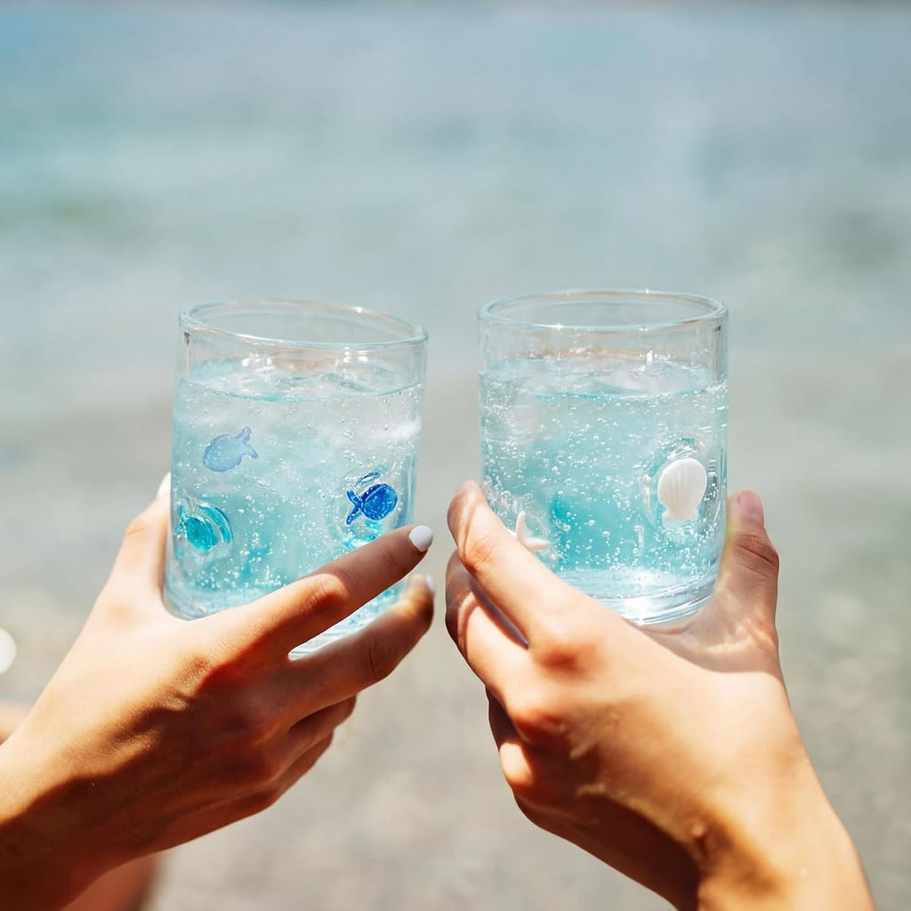2 Pack 14oz Icon Juice Glass Cups Stemless Wine Drinking Juice Glass Cup Sea Shell Small Fish Star Design Iced Coffee Tumblers for Summer Women Girls Gift Set
