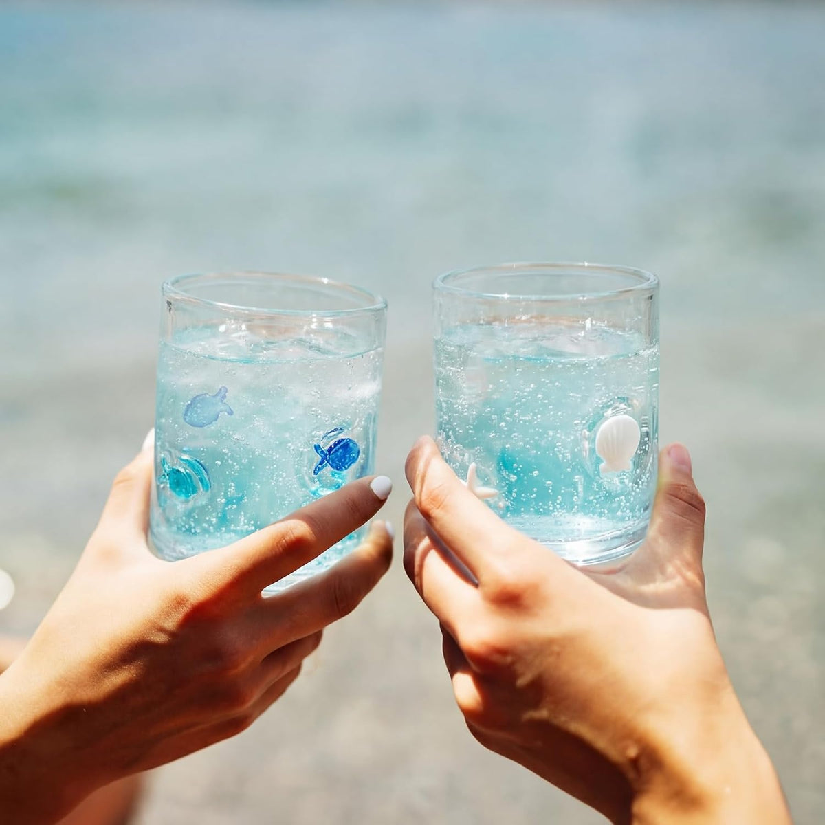 2 Pack 14oz Icon Juice Glass Cups Stemless Wine Drinking Juice Glass Cup Sea Shell Small Fish Star Design Iced Coffee Tumblers for Summer Women Girls Gift Set