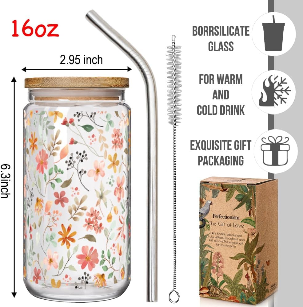Floral Iced Glass Cups with Bamboo Lids and Straws 16oz Wildflower Coffee Cup Gift for Women Cute Flower Drinking Glass with Cleaning Brushes, Flower Gifts for Mother 's Day Birthday Bridesmaid Party