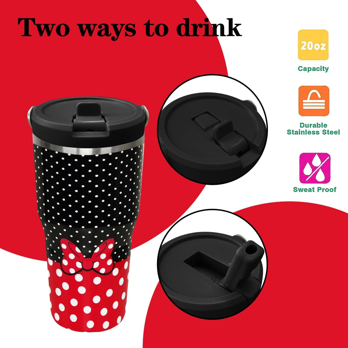 Cartoon Mouse Tumbler 20 Oz With Flip Straw Handle Red Bowknot Cup