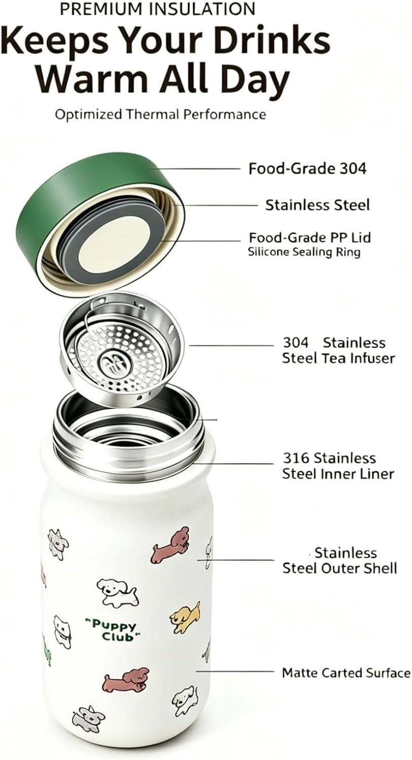 Mini Milk Shape Insulated Coffee Bottle, 316 Stainless Steel, 10oz Flask, Compact Travel Tumbler(Cute Puppy Cartoon Print)
