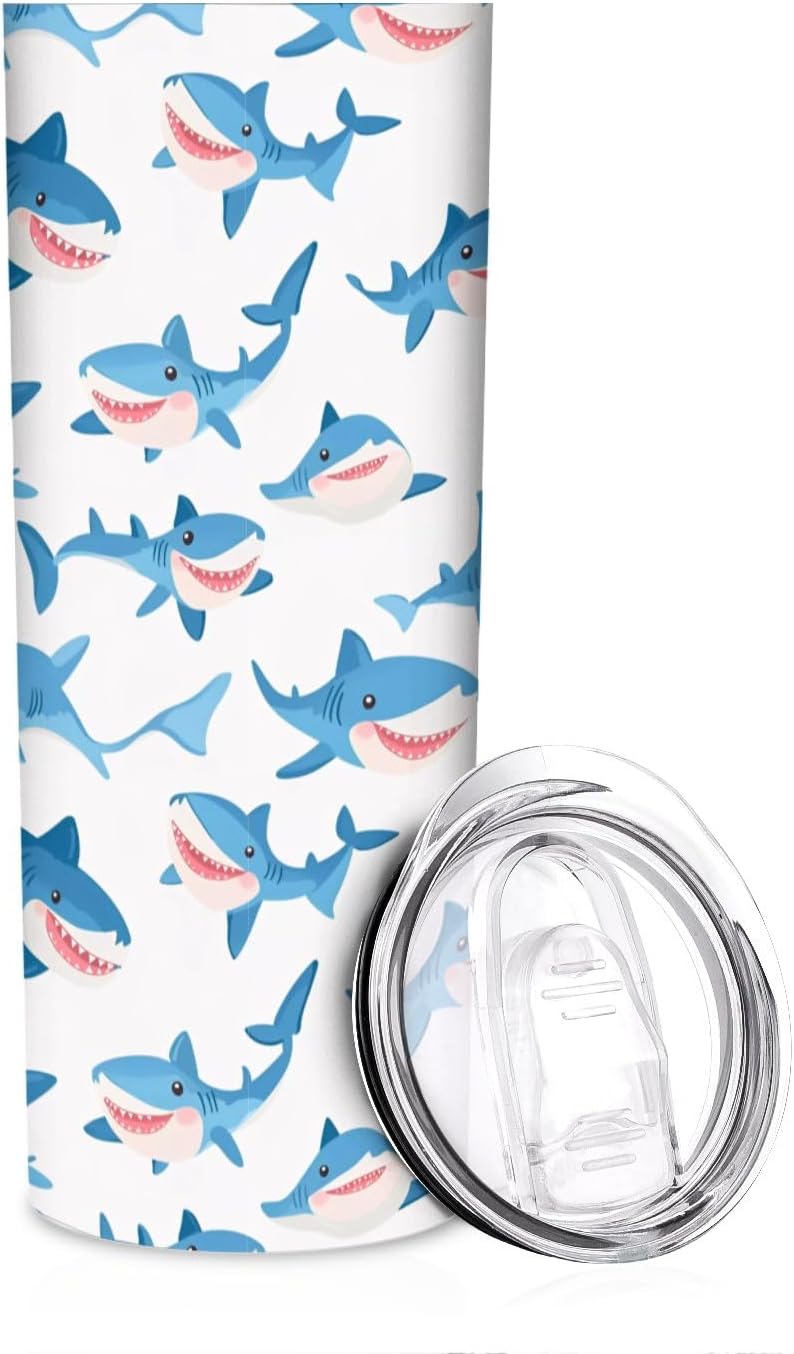 Cartoon Sharks 20 oz Insulated Skinny Tumbler with Lid and Straw, Cute Sea Animals Straight Tumblers Travel Coffee Cup for Men Women