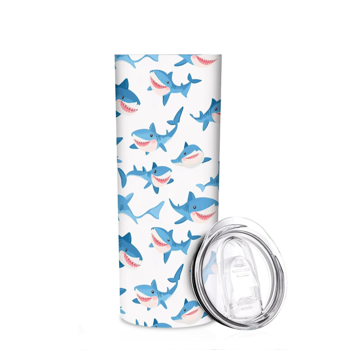 Cartoon Sharks 20 oz Insulated Skinny Tumbler with Lid and Straw, Cute Sea Animals Straight Tumblers Travel Coffee Cup for Men Women